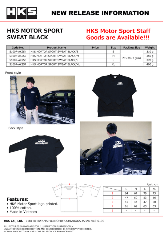 HKS MOTOR SPORT SWEAT BLACK/S