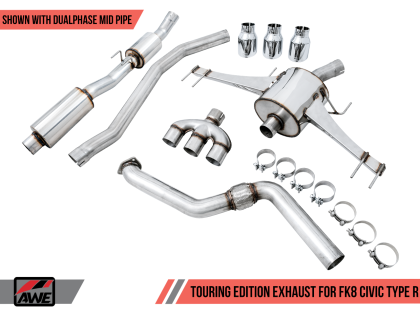 AWE Touring Edition Exhaust for FK8 Civic Type R (includes Front Pipe and DualPhase Mid Pipe) - Triple Chrome Silver Tips