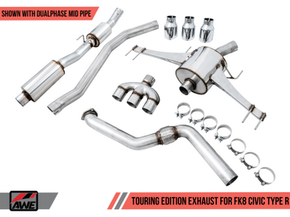 AWE Touring Edition Exhaust for FK8 Civic Type R (includes Front Pipe and DualPhase Mid Pipe) - Triple Chrome Silver Tips