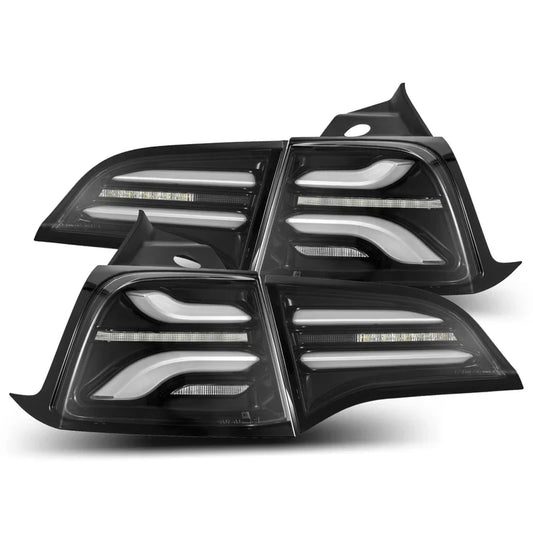 AlphaRex (PRO-Series) 2017-2023 Tesla Model-3/2020-2024 Model-Y (U.S. Model with Stock Red Turn Signal) LED Tail Lights - Jet Black
