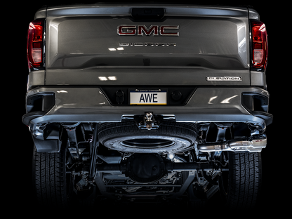 AWE 0FG Catback Dual Side Exit Exhaust for 4th Gen Silverado/Sierra 1500 5.3L (Flat Bumper) - Chrome Silver Tips