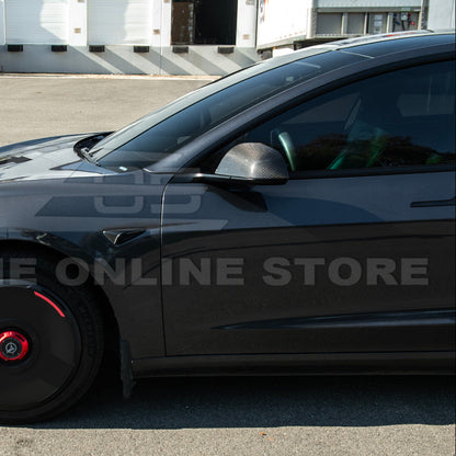2024-Up Tesla Model 3 Dry Carbon Fiber Tape On Side Mirror Cap Covers Pair - MC-1280-BKCF