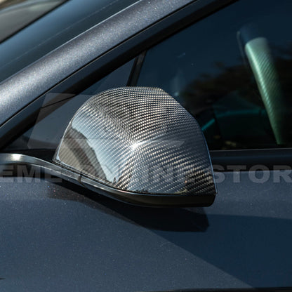 2024-Up Tesla Model 3 Dry Carbon Fiber Tape On Side Mirror Cap Covers Pair - MC-1280-BKCF
