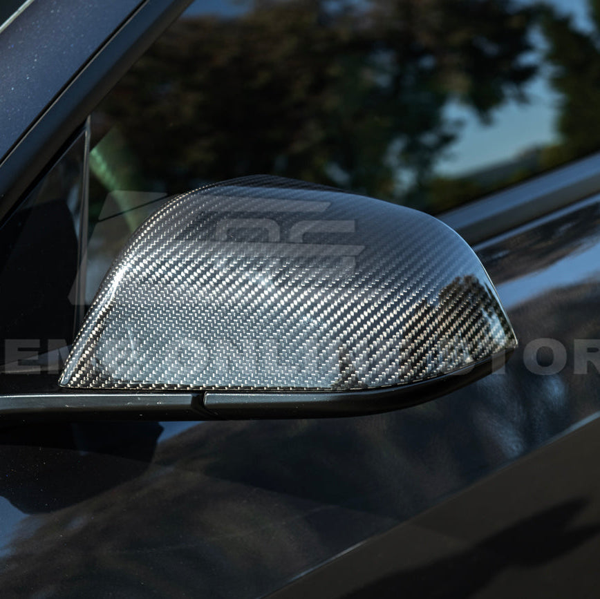 2024-Up Tesla Model 3 Dry Carbon Fiber Tape On Side Mirror Cap Covers Pair - MC-1280-BKCF