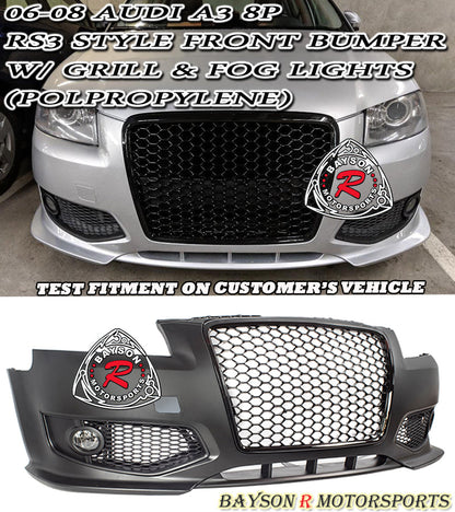 RS3 Style Front Bumper With Grille & Fog Lights For 2006-2008 Audi A3/S3 (8P)