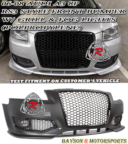 RS3 Style Front Bumper With Grille & Fog Lights For 2006-2008 Audi A3/S3 (8P)