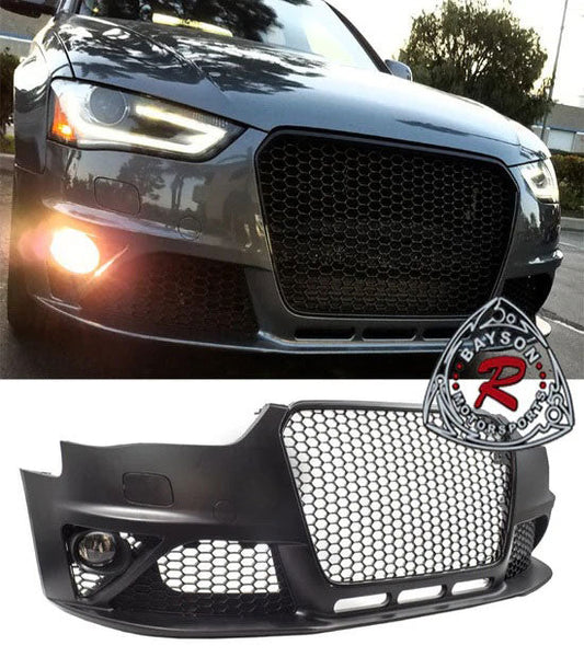RS4 Style Front Bumper With Gloss Black Grille & Glass Fog Lights For 2013-2016 Audi A4/S4 (B8.5)