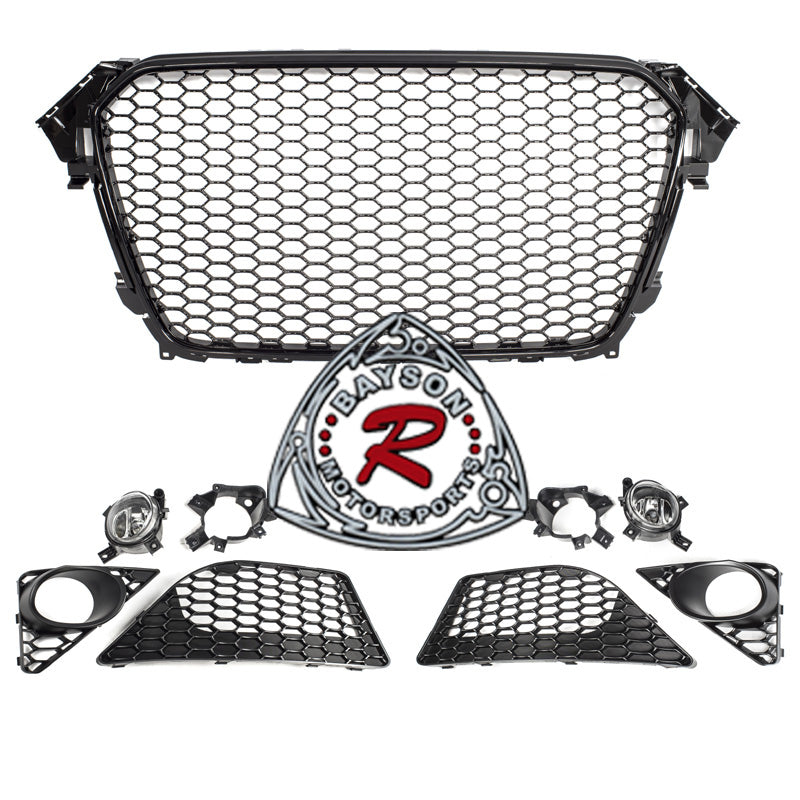 RS4 Style Front Bumper With Gloss Black Grille & Glass Fog Lights For 2013-2016 Audi A4/S4 (B8.5)