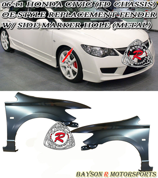 OE Style Fenders with Side Marker Holes For 2006-2011 Honda Civic (JDM Spec 4Dr Sedan)