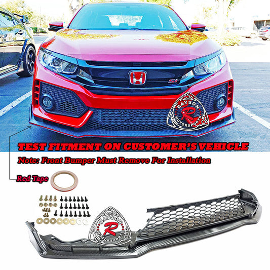 TR Style Front Lip (Carbon Look) w/ Lower Grille For 2017-2021 Honda Civic Si (2Dr/4Dr)/Civic Hatchback