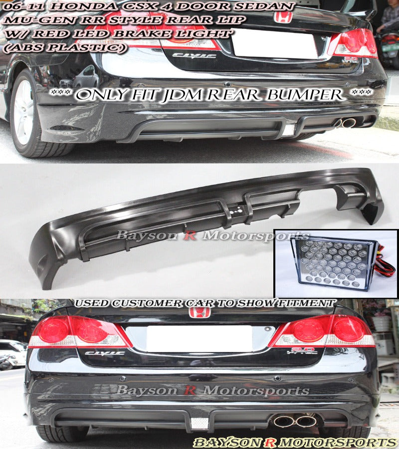 MURR Style Rear Lip (Single Exhaust) w/ LED Brake Lights For 2006-2011 Honda Civic (JDM Spec 4Dr Sedan)