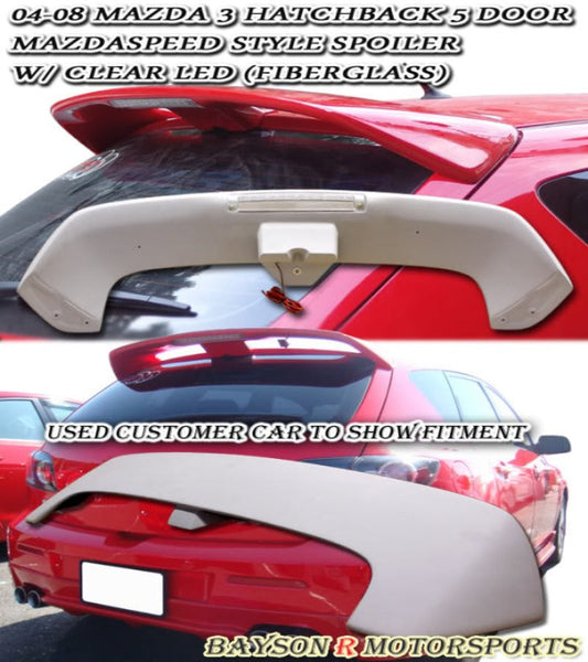 MS Style Spoiler (Fiberglass) w/ LED 3rd Brake Light For 2004-2009 Mazda-3 (5Dr Hatchback)