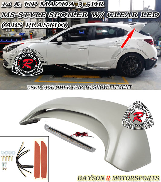 MS Style Spoiler w/ Clear Lens LED 3rd Brake Light For 2014-2018 Mazda-3 (5Dr Hatchback)