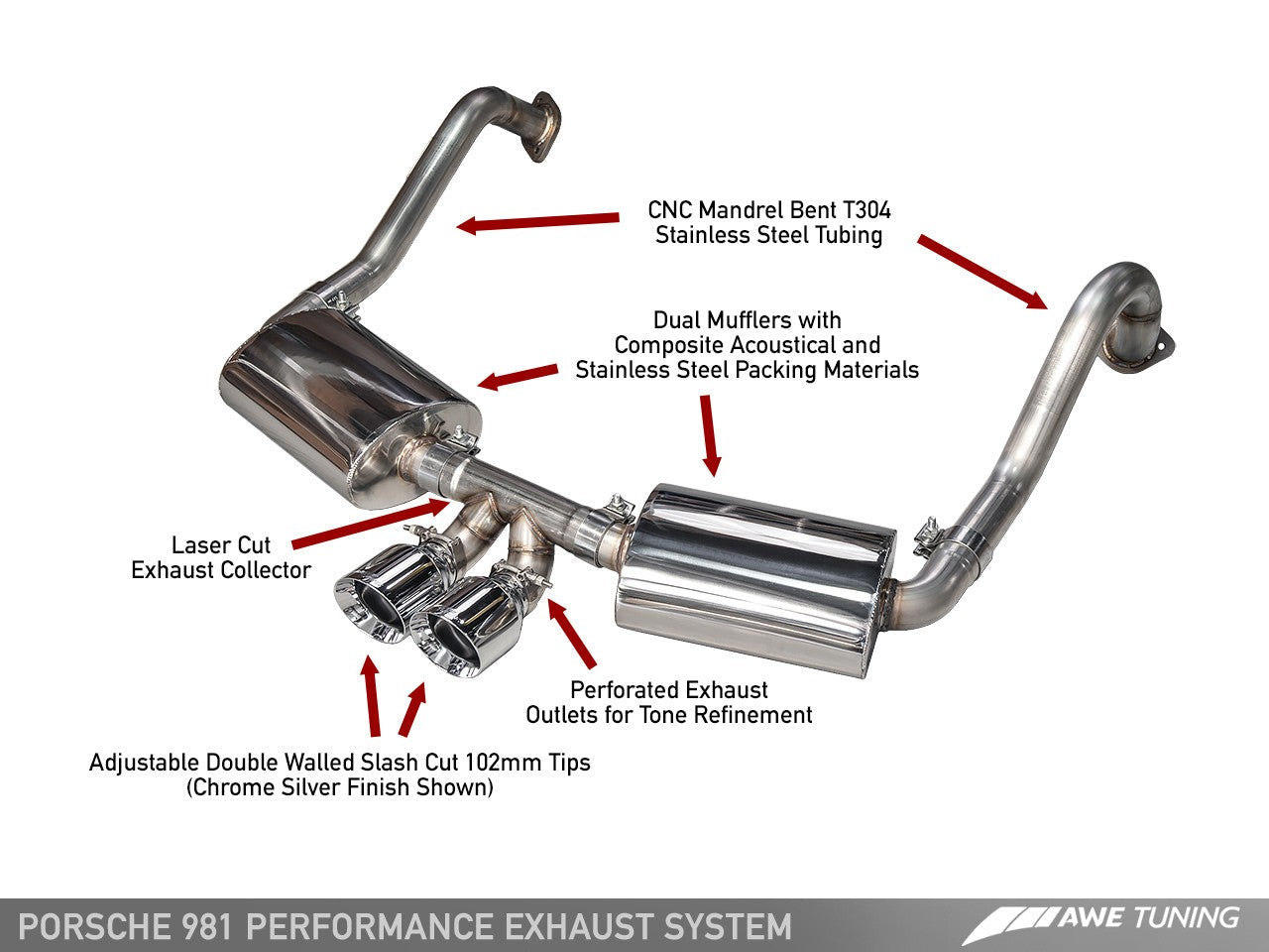 AWE Performance Exhaust System for Porsche 981 - With Chrome Silver Tips